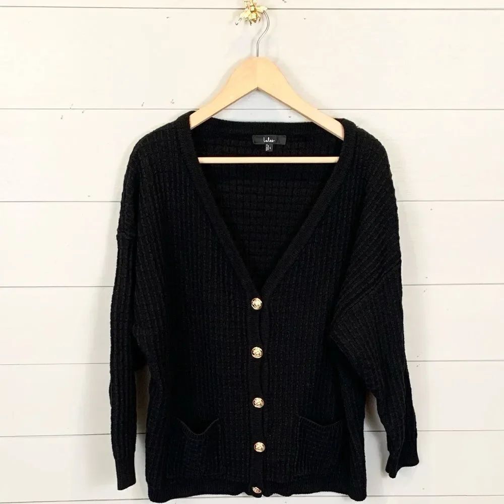 Lulus Black Cardigan with Gold Buttons slouchy and cozy heavyweight size large